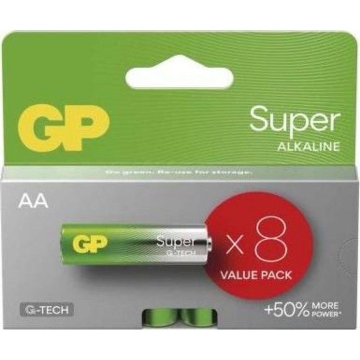 Baterii Alkaline GP Super G-Tech LR6 / AA, 1.5V, set de 8 bucati