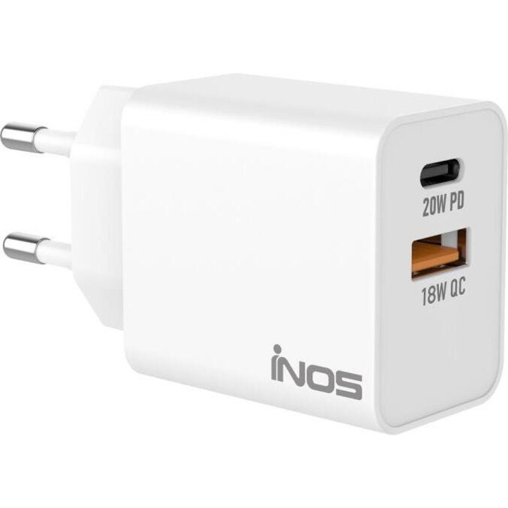 Incarcator de calatorie iNOS cu dublu iesire USB A si USB C PD 20W, alb