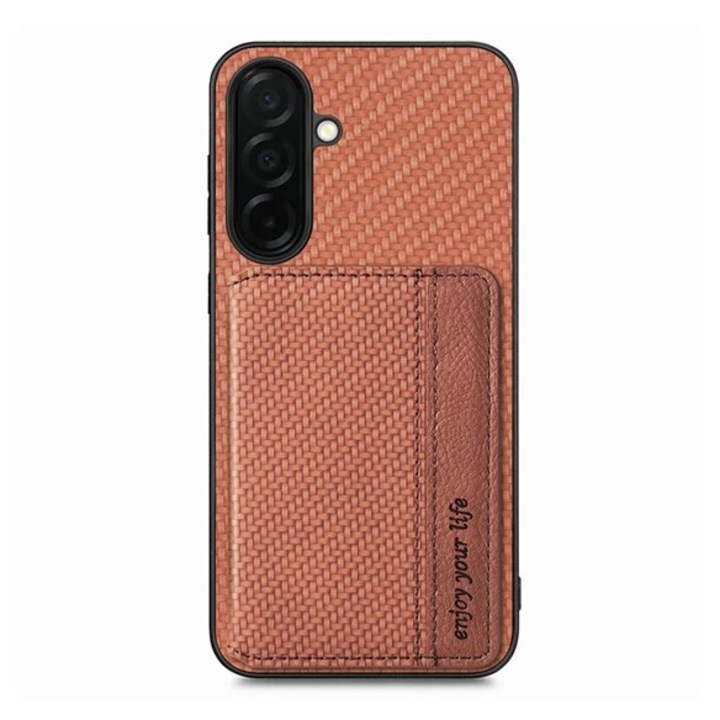 Gigapack szilikon mobiltelefon tok, ütésállóság, bőr hatású hátlap, mágneses, kitámasztó, kártyatartó, rfid, karbon minta, sötétbarna, kompatibilis: A57 5G