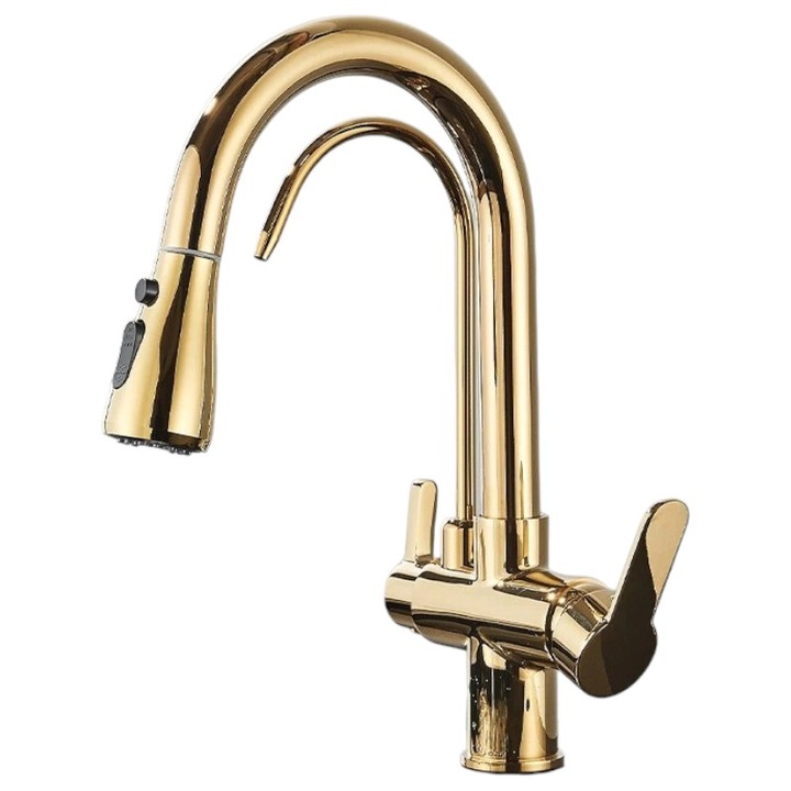 BisDesign® Konyhai Csaptelep, Szűrt Víz Funkció, Kihúzható Zuhanyfej, 3 Áramlási Funkció, Fényes Arany Felület, Méret 41 cm