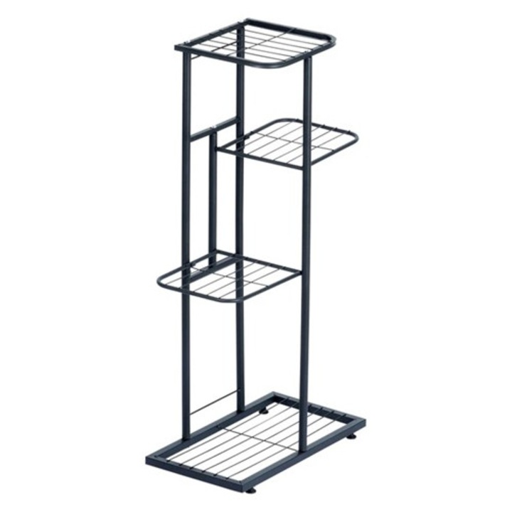 Etajera din Metal pentru Flori si Plante, 4 nivele, Suport Ghivece Interior/Exterior, Negru, 43.5 x 22.5 x 80 cm