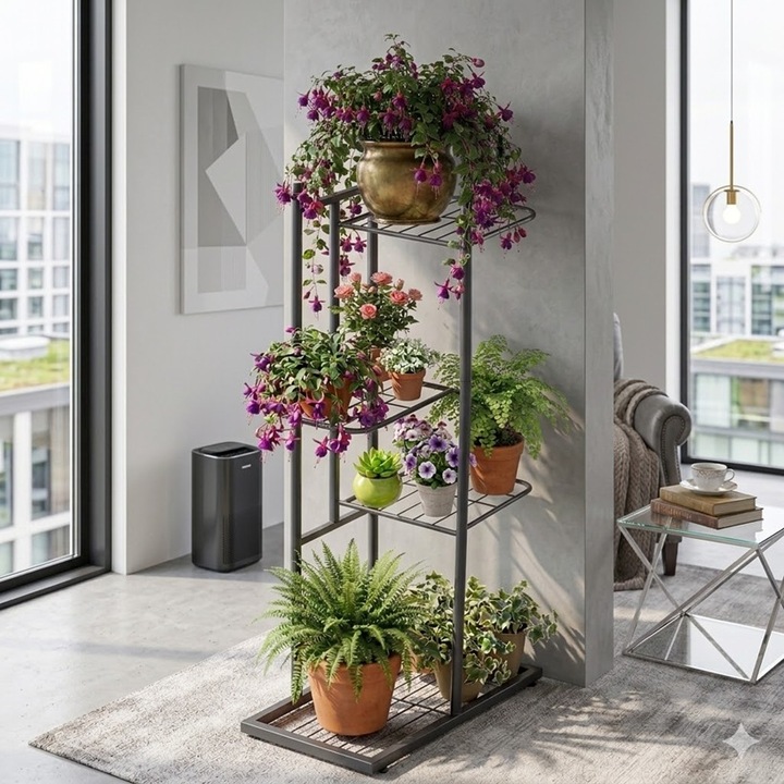 Etajera din Metal pentru Flori si Plante, 4 nivele, Suport Ghivece Interior/Exterior, Negru, 43.5 x 22.5 x 80 cm