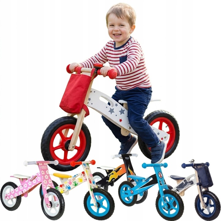 Дървен бягащ велосипед 12" за деца, Червен, Небесно син, Розов, 2-5 години