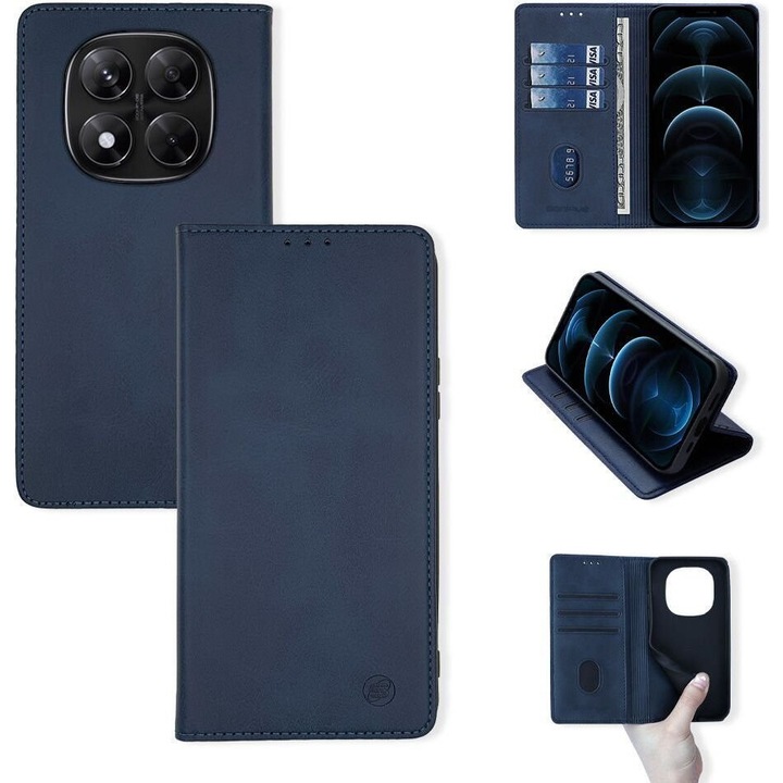 Sonique Theke Portofel Vintage Magnet pentru Xiaomi Redmi Note 14 Pro 5G / Redmi Note 14 Pro Plus 5G / Poco X7 5G, 3 compartimente, albastru inchis