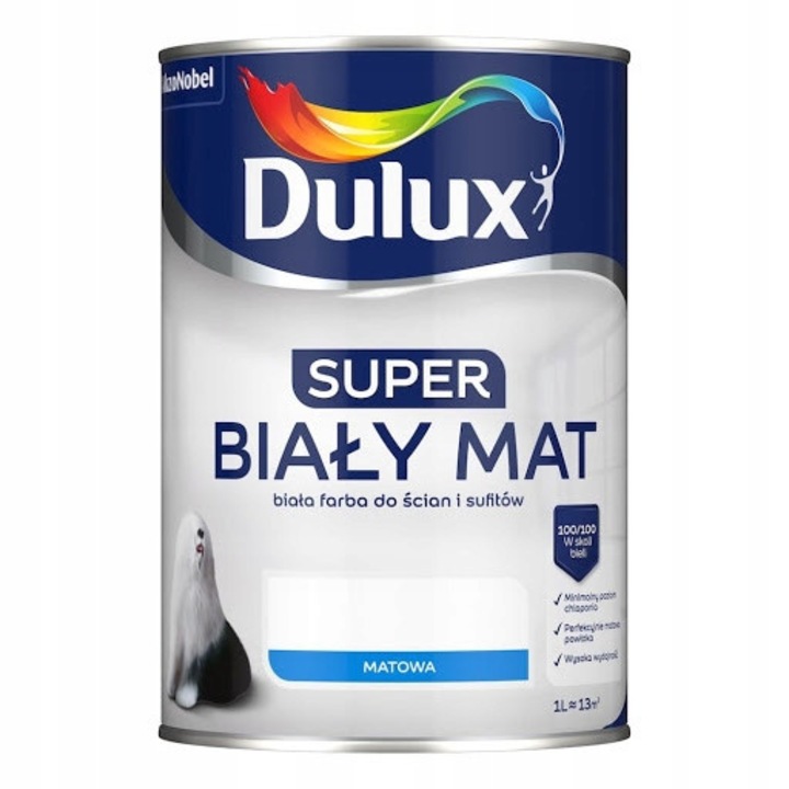 Vopsea acrilica mata Dulux Super, alb, 1L, pentru pereti si tavane