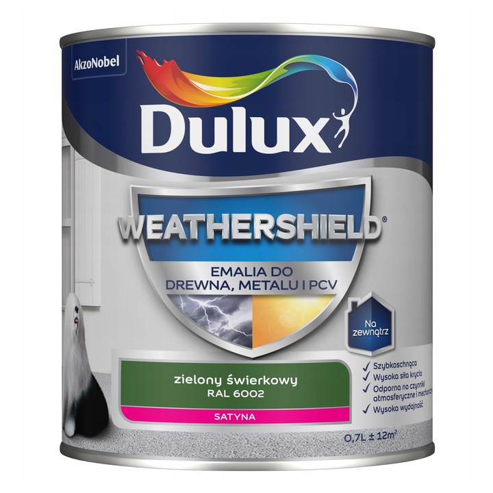 Vopsea acrilica Dulux Weathershield, 0,7L, verde brad RAL 6002, pentru metal, lemn si PVC, finisaj satinat, exterior