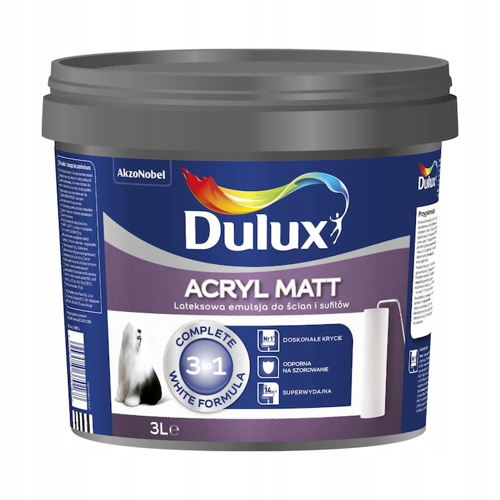 Vopsea latex mata Dulux Acryl Matt, alb mat, 3L, aplicare usoara, rezistenta la spalare