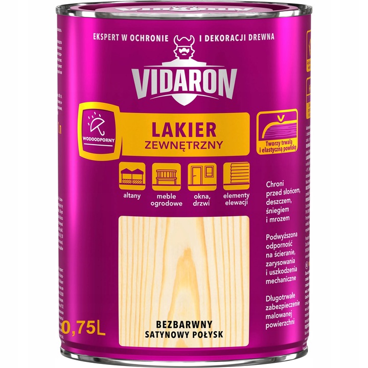 Vopsea pentru lemn, Vidaron, lac exterior, 0,75L, fara culoare, finisaj satinat