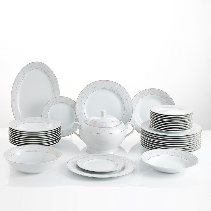 Serviciu de Masa 12 Persoane Golden Stardust din Portelan Premium, 40 piese, Design Modern cu Bordura Aurie