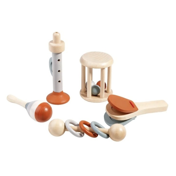 Set 5 Instrumente muzicale de jucarie, montessori, lemn, multicolor