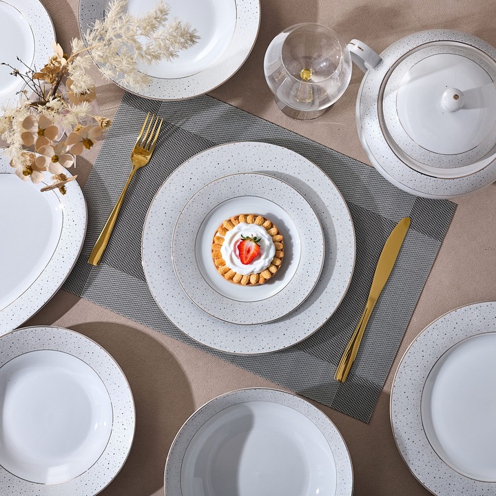 Serviciu de Masa 12 Persoane Golden Stardust din Portelan Premium, 40 piese, Design Modern cu Puncte Aurii