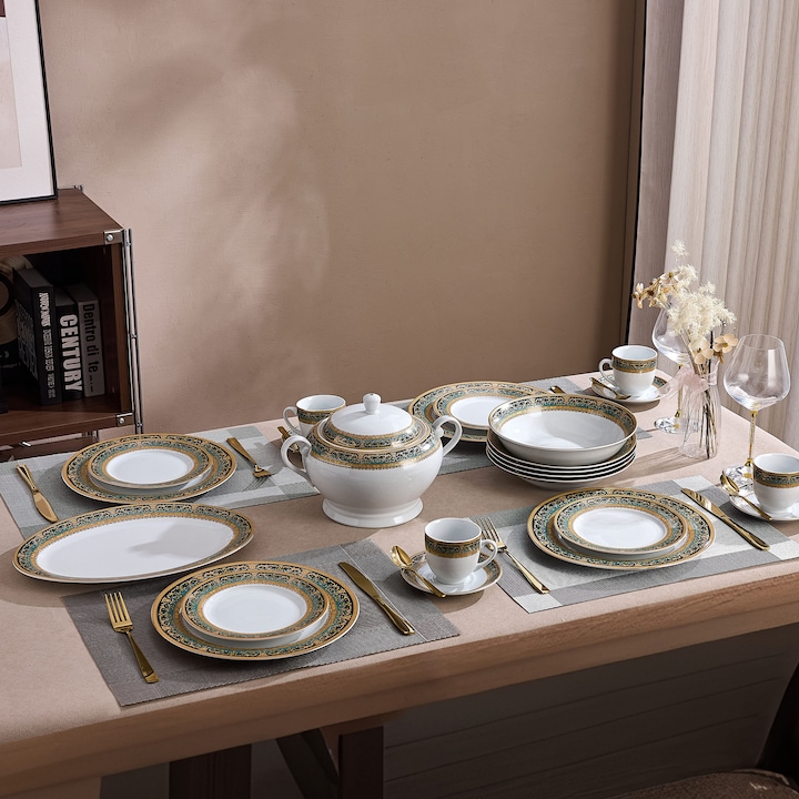 O Experienta Regala cu Emerald Royal Gold Serviciul de masa Emerald Royal Gold este definitia suprema a luxului si a prestigiului. Creat pentru momente de o importanta deosebita, acest set impresioneaza prin bordura sa lata, de un verde smarald profund, d