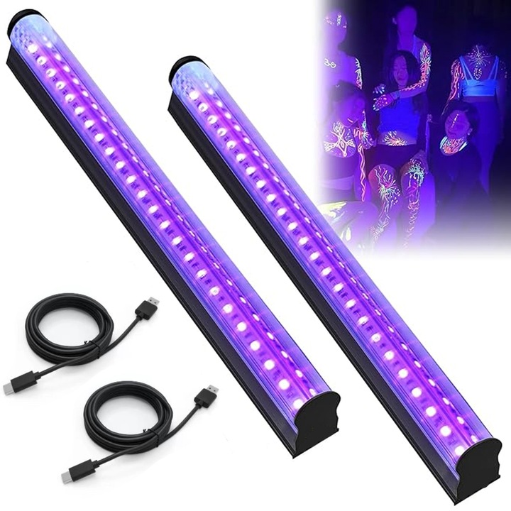 2 db fekete LED színpadi fénycsomag, AFKSMILE, UV színpadi fény kapcsolóval, 24 LED lámpagyöngy, 21*2.3*4.2cm, Hangulatvilágítás, Diszkóhoz, világító partihoz, karácsonyhoz, USB interfész, ABS, Fekete