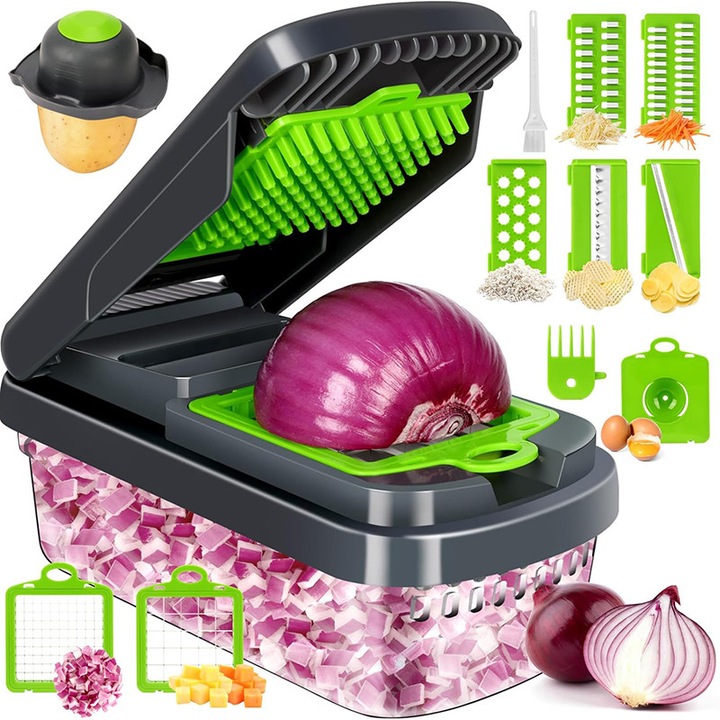 Taietor multifunctional de legume, 7 in 1, cu recipient de stocare, protectie pentru mana, gri, 23.1cm