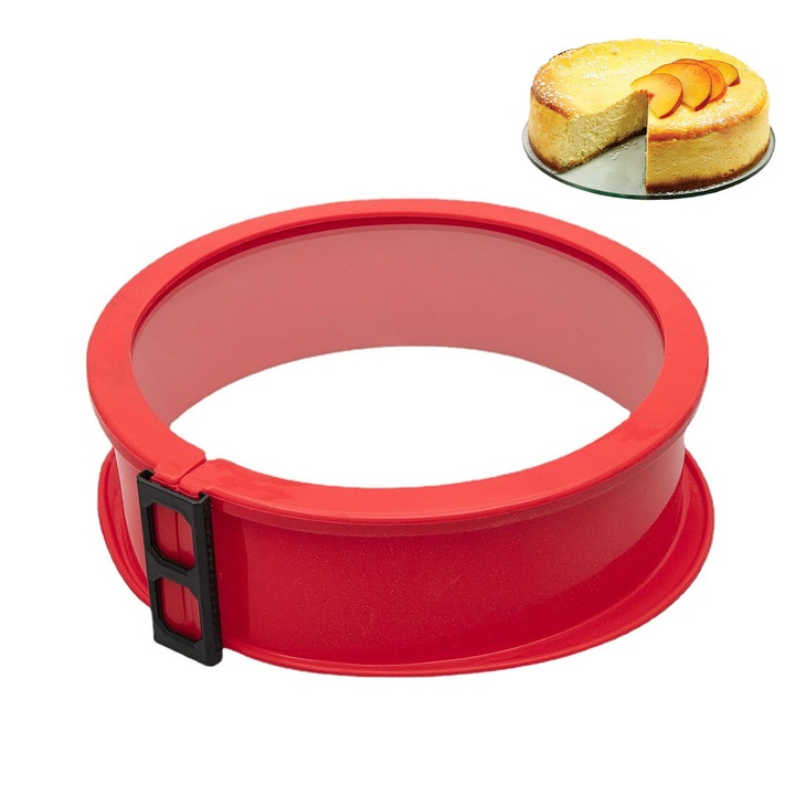 Tavi pentru tort cu baza detasabila, AFKSMILE, Reutilizabile, Desprindere usoara, Usor de curatat, Pentru cheesecake, pizza si tarte, Silicon, 28.5x24.5x7.5cm, Rosu