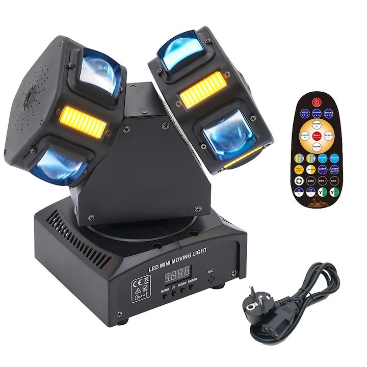 Lumina LED cu cap mobil pentru scena, asskanaer, 2 capete, DMX vezérléssel és hangvezérléssel, automata mód, Színpadi fény zoom effekttel, Alkalmas esküvőkre, partikra, KTV helyszínekre, Alumínium/ABS, 260*210*290mm, Fekete