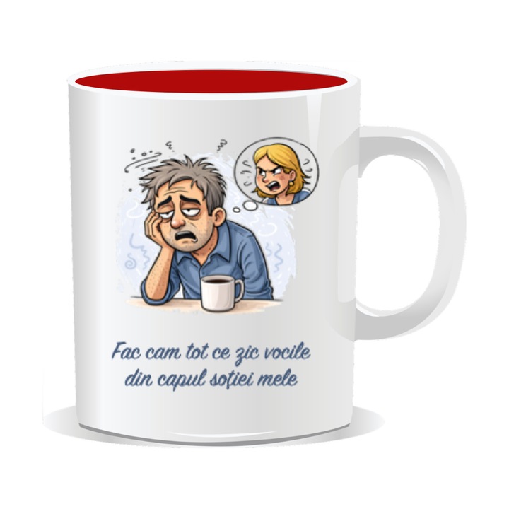 Cana personalizata amuzanta, Fac cam tot ce zic vocile din capul sotiei mele, 330ml, interior rosu