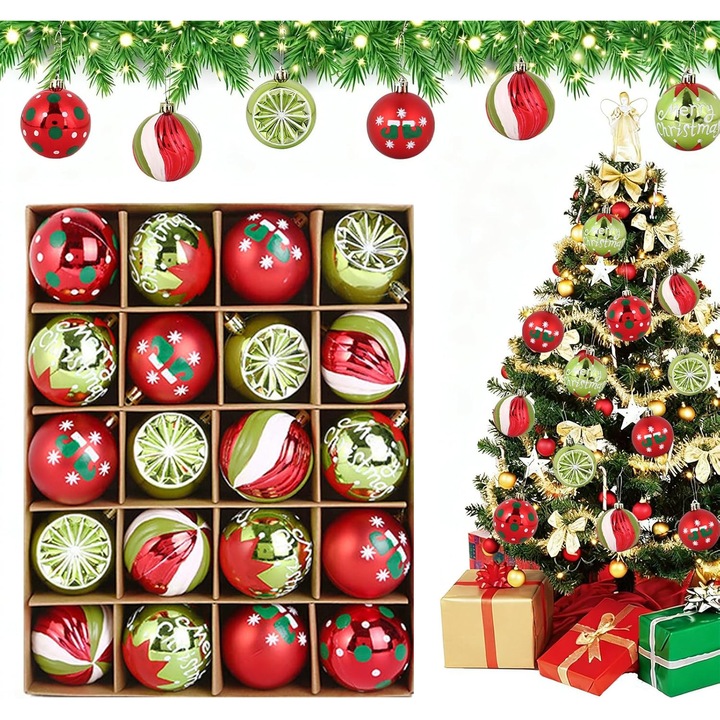 20 darab karácsonyi gömb szett, karácsonyi dekoráció, retro Obundi, piros és zöld
