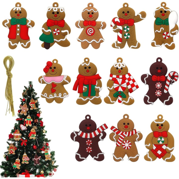 Karácsonyfadíszek, karácsonyi díszek, mézeskalács, Giusobg, 12 darabos készlet