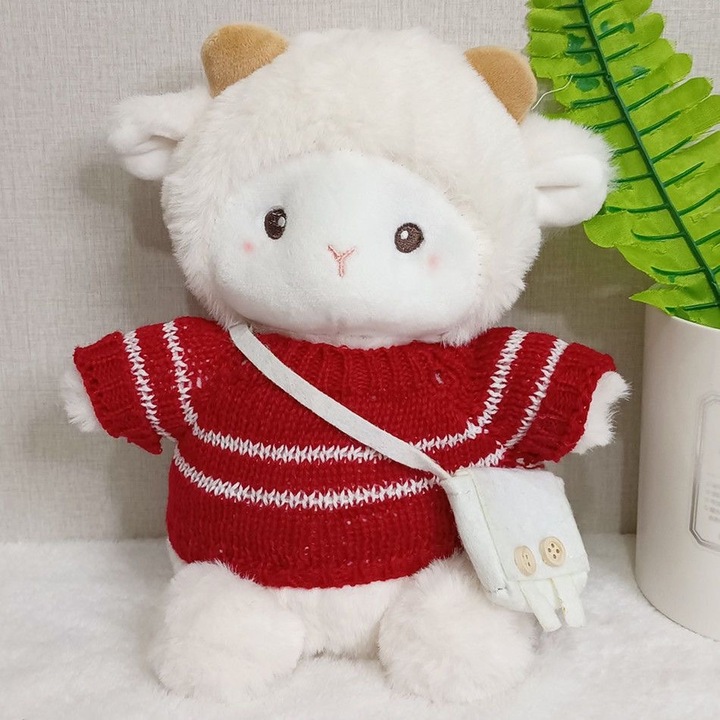 Jucarie de plus, ursulet, 23cm, pulover rosu cu dungi albe, set cu geanta alba