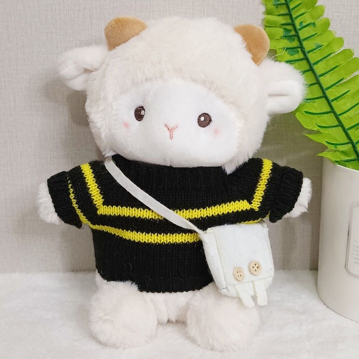 Jucarie de plus, urs, 23cm, pulover cu dungi negre, geanta alba