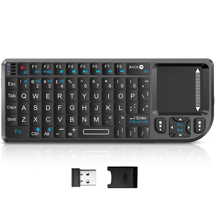 Tastatura mini wireless cu touchpad, Rqiurpn, Bluetooth si 2.4G, RGB iluminata, reincarcabila USB-C, pentru iPad, Mac, Windows, Android, Smart TV, 15.2x5.9cm