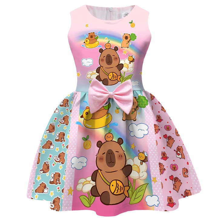 Rochie de fete, imprimeu capybara, rochie de printesa cu funda, roz