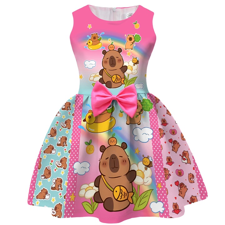 Rochie fete, imprimeu capybara, rochie printesa cu funda, fuchsia