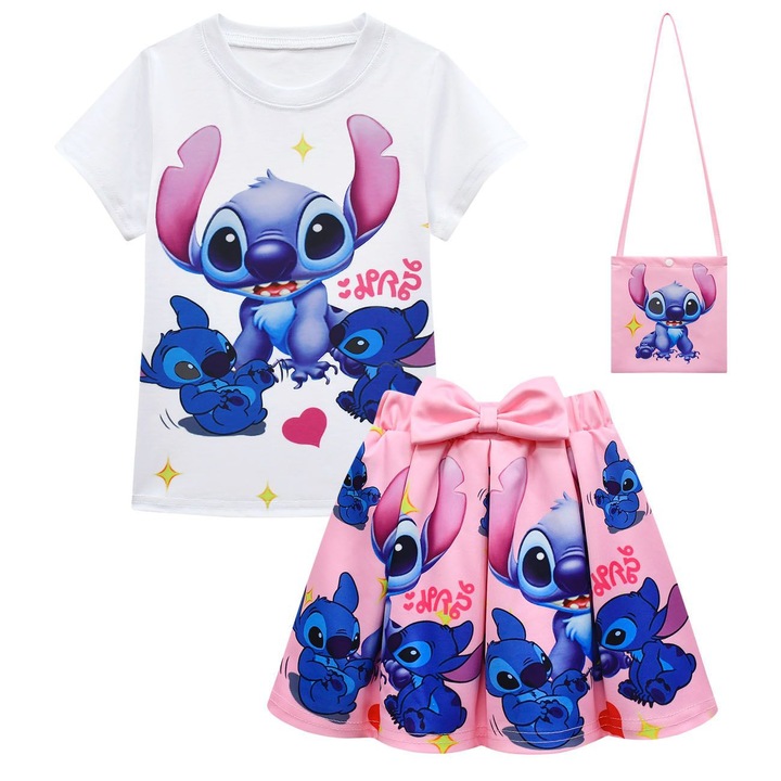 Set fetite tricou fusta geanta, model Lilo si Stitch, roz