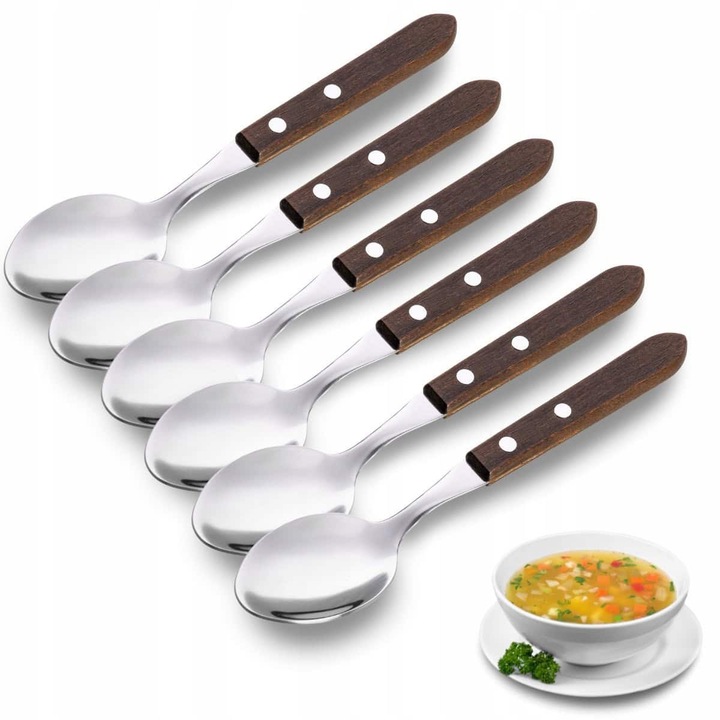 Set Linguri Supa, 6 bucati, Linguri Inox cu Maner de Lemn, Tacamuri rezistente la coroziune, Design elegant pentru masa si uz casnic, Kamille KM-5273
