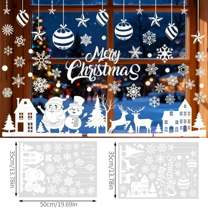 Set 62 autocolante Craciun pentru fereastra, 2 coli PVC reutilizabile 35x50 cm, fulgi de zapada, decoratiuni festive pentru casa si petreceri