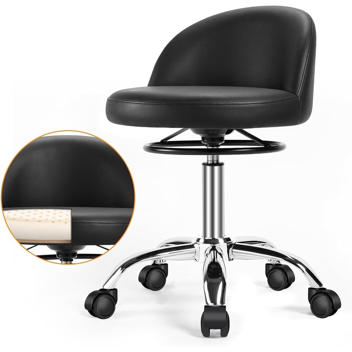 Scaun rotativ, cu roti, negru, 48-60 cm, cu spatar, din piele PU