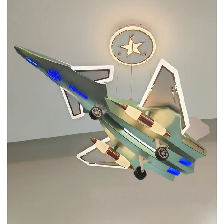 Pendul Avion RFAN, D188, 6 surse lumina, Verde-Militar, 46x46x34cm, 240W