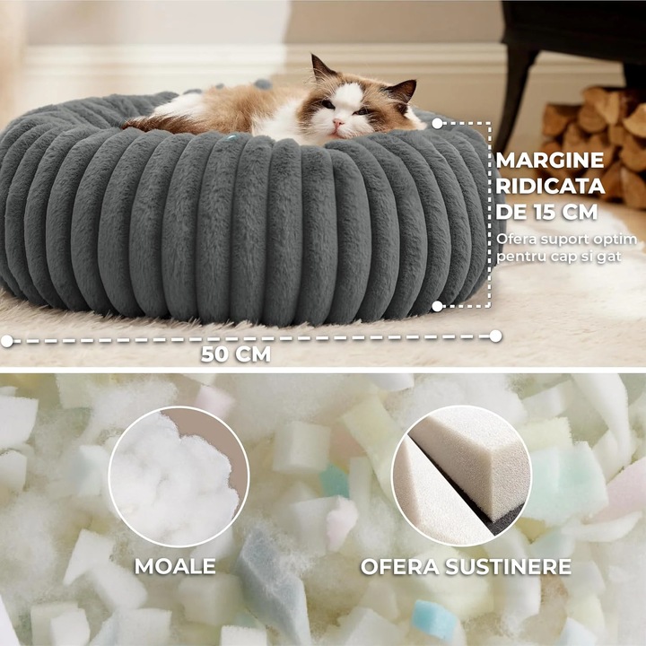 Удобно легло за котки и кучета Elindor® Кръгло тип поничка, Мека противоплъзгаща възглавница, Подходящо за малки и средни кучета и котки, Идеално за всеки сезон, у дома, 50 × 50 × 15 см, Тъмно сиво