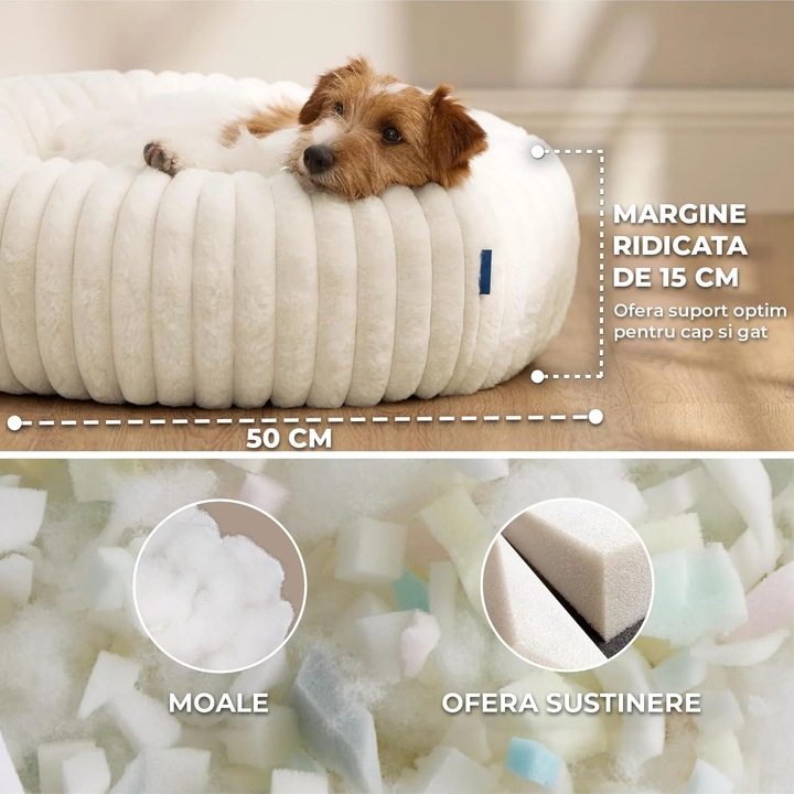 Удобно легло за кучета и котки Elindor® кръгло, меко противоплъзгащо легло, подходящо за малки и средни кучета и котки, идеално за всеки сезон, у дома, размер S, 50x50x15 см, бяло