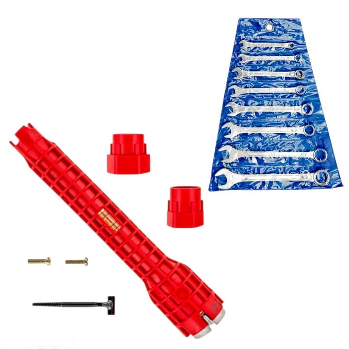 Set 8 chei combinate - M6/M8/M10/M12/M13/M14/M17/M19 - .otel carbon, inclinatie 15* capete cheie, uz casnic/profesional cu Cheie multifunctionala 8 in 1, 25 cm, pentru instalatii sanitare/robineti