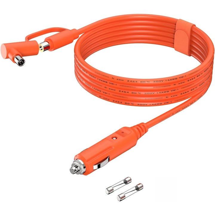 Autós töltőkábel DC7909/DC8020, 14AWG, 2m, 12V/24V, kompatibilis hordozható erőművekkel, narancssárga