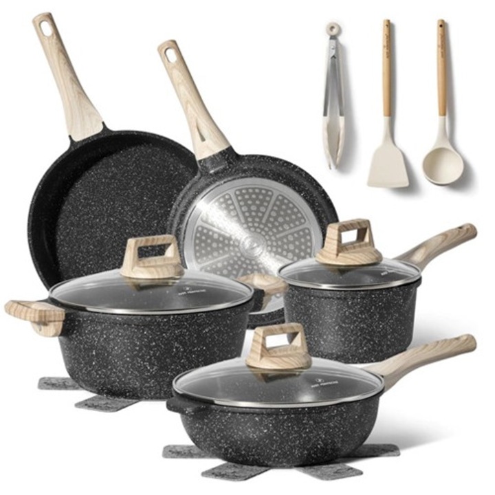 Set Vase de Gatit 13 Piese Just Perfecto JL-32, Aluminiu Turnat cu Invelis Granit Antiaderent, Compatibil Inductie, Manere Soft-Touch Aspect Lemn, Include si Ustensile, Negru