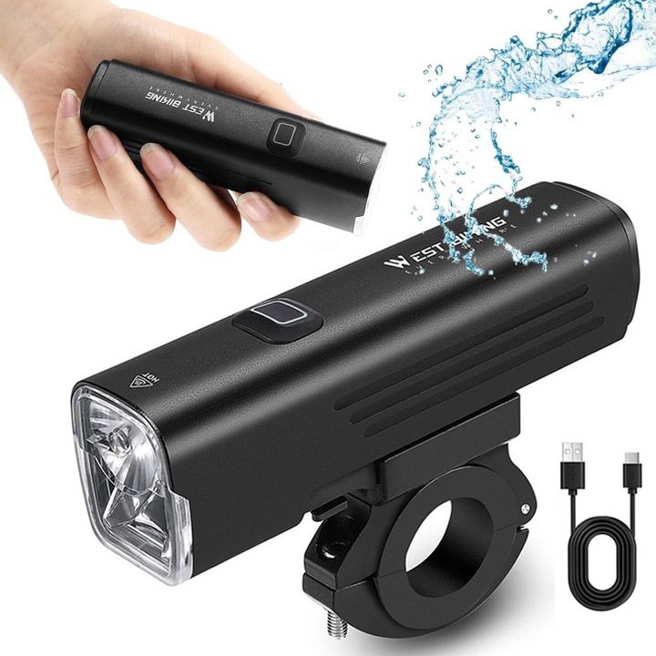 Lampa de bicicleta Artnico ARO-010, 1000 lm, rezistenta la apa, neagra, USB, acumulator