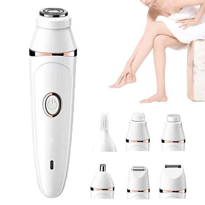 Epilator 7-in-1, pentru femei, dispozitiv de indepartare a parului facial, trimmer pentru bikini, alb