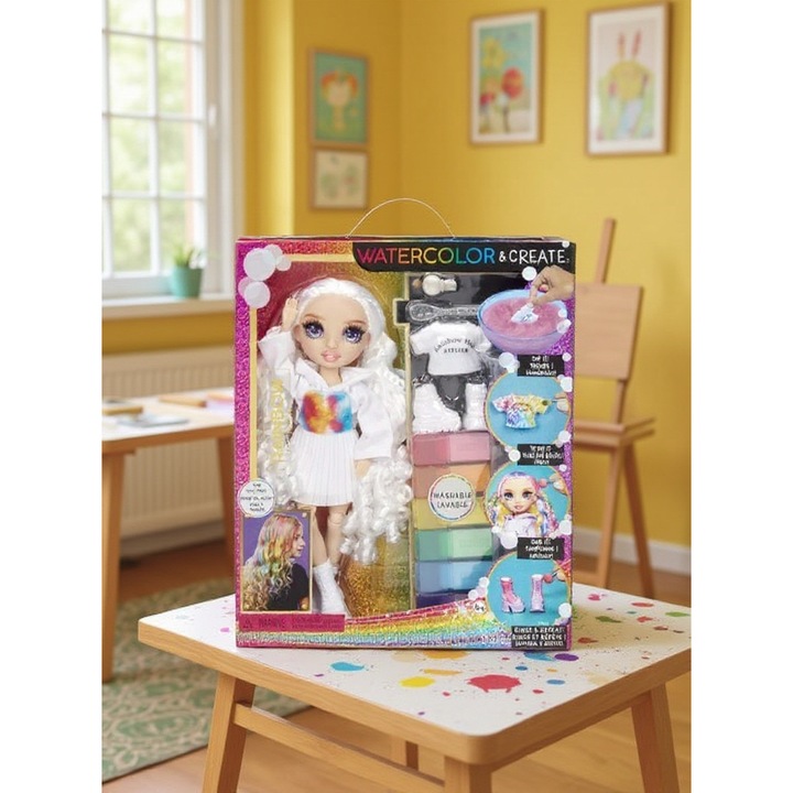Papusa Rainbow High Watercolor & Create - Papusa personalizabila cu acuarele lavabile, par si haine colorabile, ochi mov, accesorii incluse