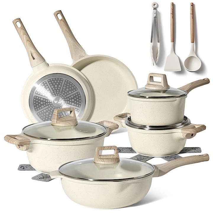 Set Vase de Gatit Premium, 15 Piese Just Perfecto JL-32, Aluminiu Turnat cu Invelis Granit Antiaderent, Inductie, Manere Soft-Touch Aspect Lemn, Include si Ustensile, Culoare Bej
