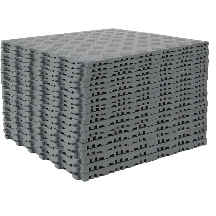 Set 20 Placi Pardoseala Interlocking, 40 x 40 cm, 18 mm, PVC + PP, Antiderapante, Rezistente pana la 5T/placa, Pentru Garaj, Atelier, Sala Sport, culoare Gri