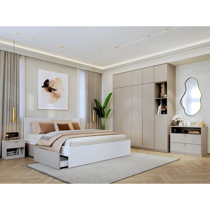 Set Dormitor Auris, Bej/Casmir, C17, Pat 160x200, 2 Noptiere, Comoda si Dulap Inalt 2.05m cu Soft close