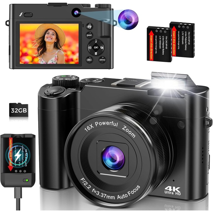 Camera digitala 4K, 64MP, compacta, cu autofocus, ecran IPS de 3 inch, stabilizare a imaginii, zoom digital 16x, neagra, set complet cu 2 acumulatori si card de 32GB