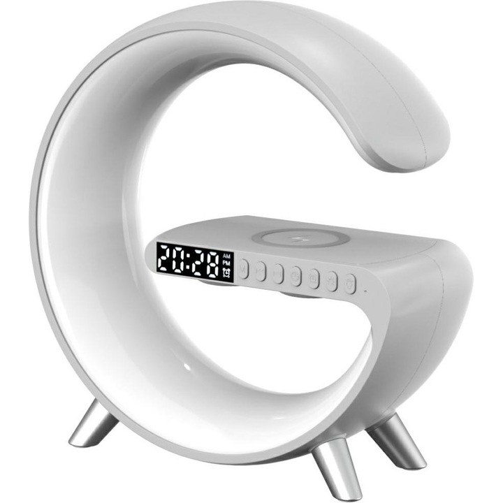 Lampa multifunctionala Beline, cu ceas desteptator, difuzor Bluetooth, incarcare wireless, alb, 25x33.8x8.4cm