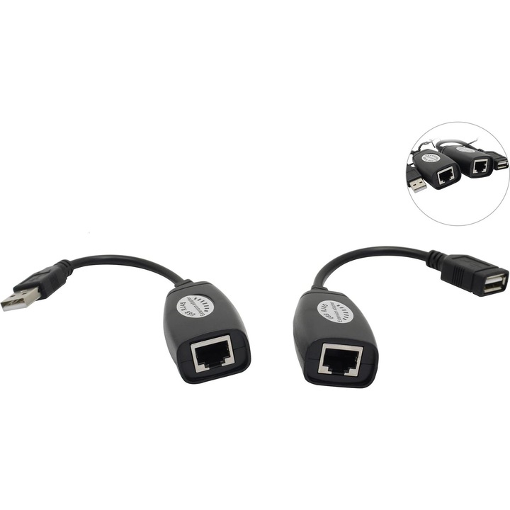 Extensie USB 2.0 VCOM, 45m, negru, adaptor RJ45