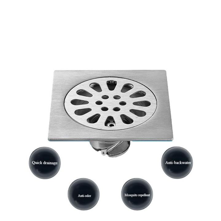 Sifon de pardoseala patrat, inox, anti-miros, cu filtru de par detasabil, compatibil cu conductele de scurgere DN50 DN75 DN110