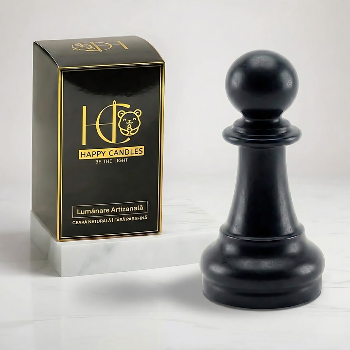 Декоративна свещ от естествен пчелен восък, Happy Candles, Пешка за шах, Черна, Ръчна изработка, 30гр