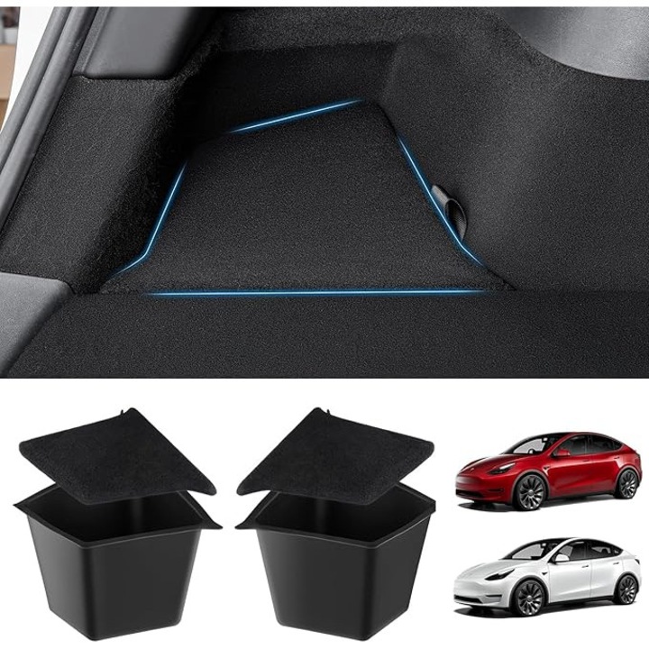 Органайзер за Багажник Tesla Model Y 2022–началото на 2025, Комплект от 2 Броя, Странични Отделения, Кутии за Съхранение TPE, Специализиран